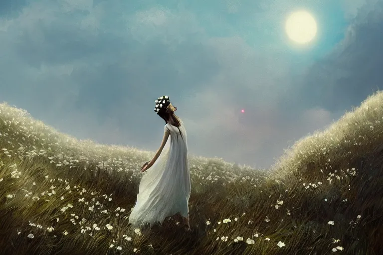 Image similar to huge white daisy flower worn as a crown, girl standing on cliff, surreal photography, solar eclipse, stars, dramatic light, impressionist painting, clouds, digital painting, artstation, james gilleard, liam wong, jeremy mann, simon stalenhag