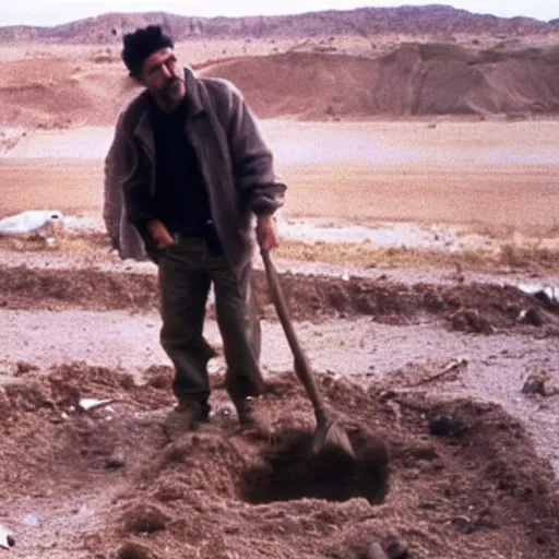 Prompt: Jordan Peterson digging a ditch, dressed like a homeless man in the desert. Photograph from a horror film.