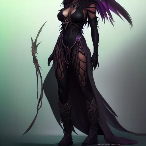 Image similar to dark sorceress full body and face view, highly detailed, wlop style, artstation, soft light, sharp focus, illustration, character design