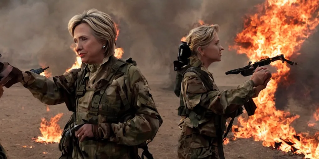 Image similar to movie still of hilary clinton fighting in libya, focused shot, realistic, smoke, fire, octane render