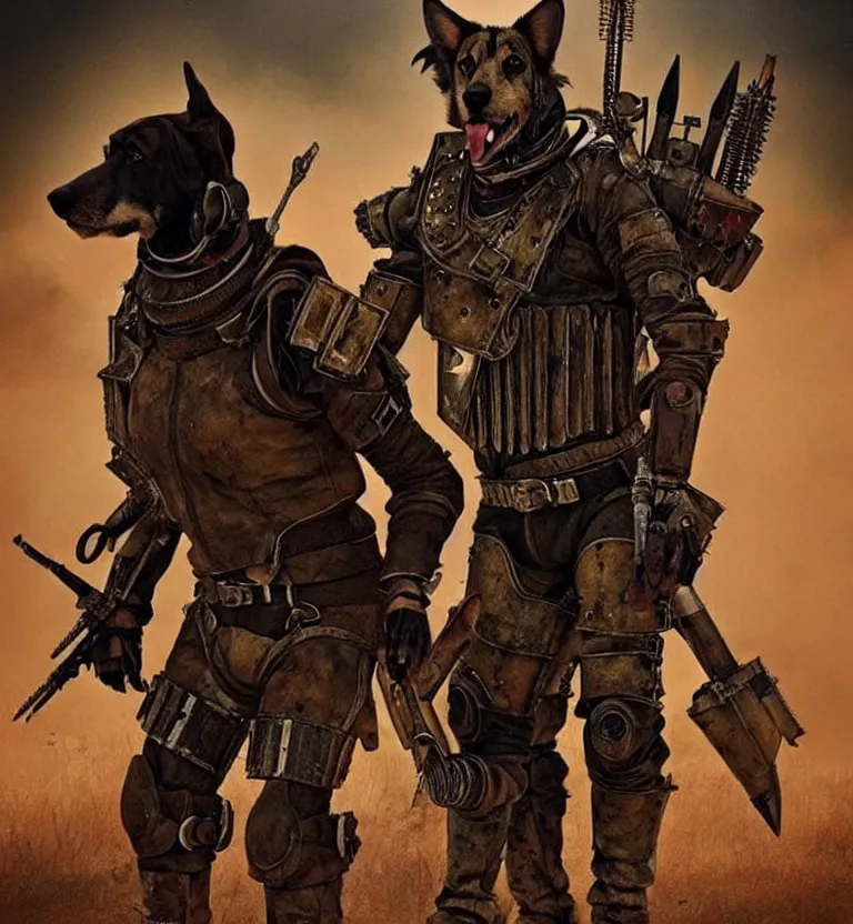 Image similar to a good ol'hound dog fursona ( from the furry fandom ), heavily armed and armored facing down armageddon in a dark and gritty version from the makers of mad max : fury road. witness me.