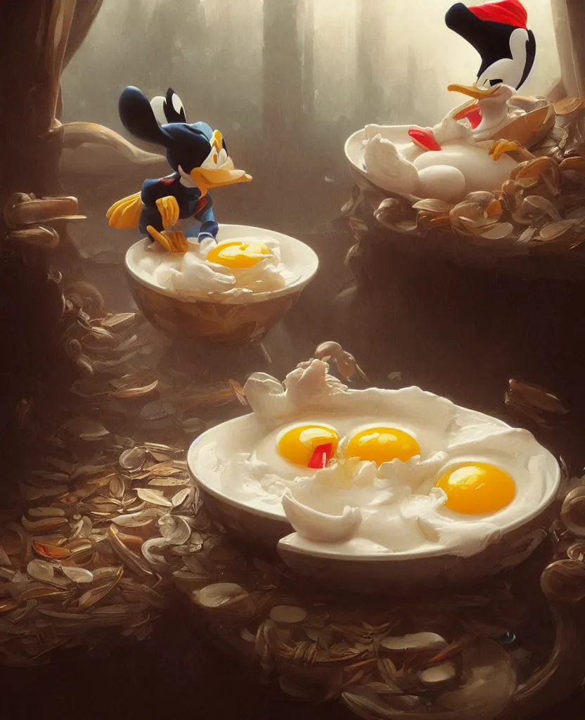 Image similar to realistic photography of a disgusted donald duck eating dirty eggs, deep focus, intricate, elegant, highly detailed, foggy, misterious, digital painting, artstation, concept art, matte, sharp focus, illustration, art by artgerm and greg rutkowski and alphonse mucha