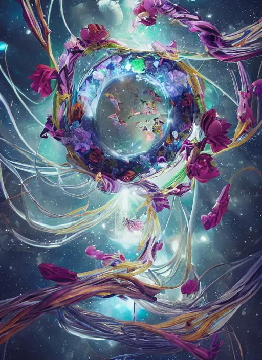 Prompt: An epic fantastic realism comic book style painting of the most beautiful spiraling entwined flowers launched exquisitely across the dark spinning universe, floating bouquets, fisheye, perfect shiny iridescent silver spheres, unreal 5, DAZ, hyperrealistic, octane render, dynamic lighting