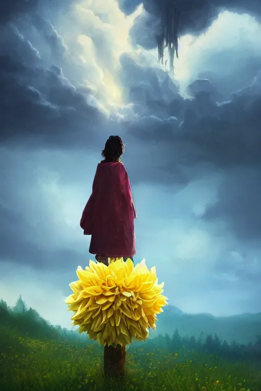 Image similar to closeup girl with huge yellow dahlia flower face, intricate, standing on mountain, surreal photography, blue storm clouds, dramatic light, impressionist painting, digital painting, artstation, simon stalenhag