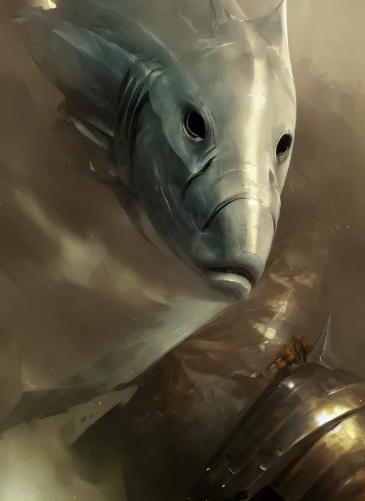 Prompt: digital painting of a human shark wearing knight armor, fantasy, portrait, scifi, realistic, detailed, concept art, ruan jia, wlop