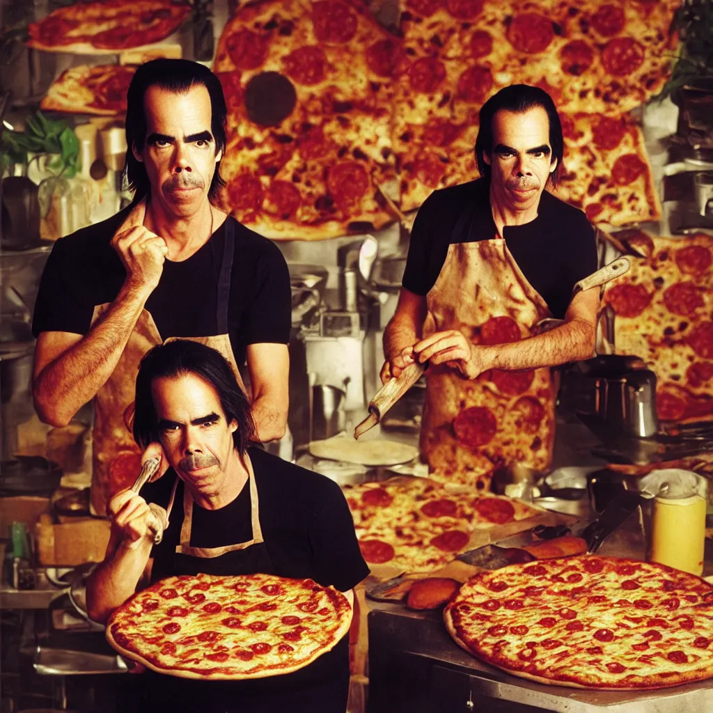 Image similar to award winning photo of nick cave baking pizza, vivid colors, happy, symmetrical face, beautiful eyes, studio lighting, wide shot art by Sally Mann & Arnold Newman