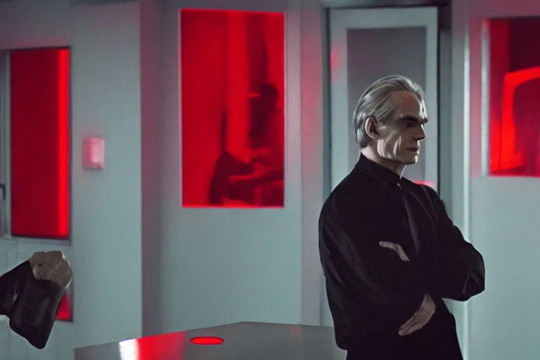 Image similar to a scene from the movie dead ringers with jeremy irons, dark cinematic lighting, heavy black and red color contrast, medical equipment