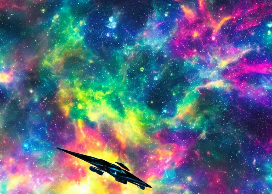 Prompt: spaceship flying over huge and colorful nebula, spray paint