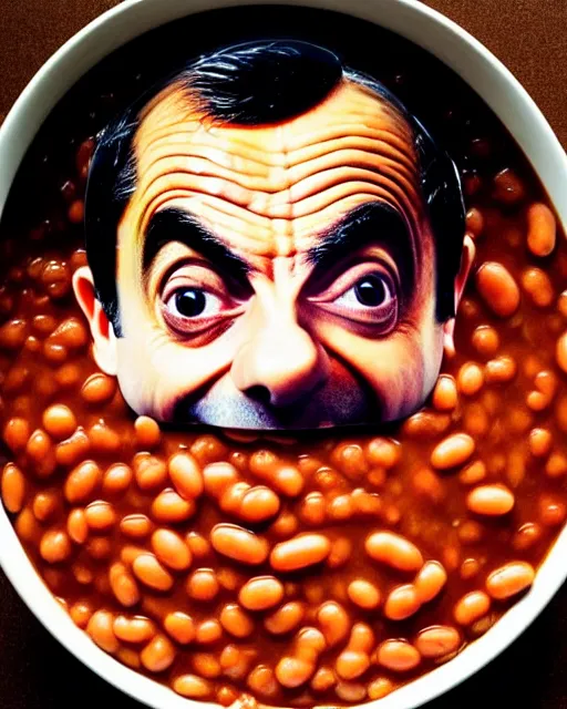 Image similar to portrait of mr bean smiling in a bowl full of baked beans, face fully covered in beans and tomato sauce, soft red skin, baked beans for eyes, rowan atkinson, mr bean face, oil painting, highly detailed