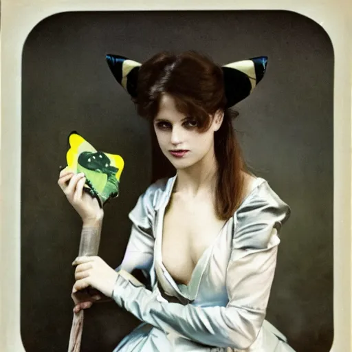 Image similar to elegant woman dressed up as pikachu, art photo by Annie Liebovitz and Alphonse Mucha