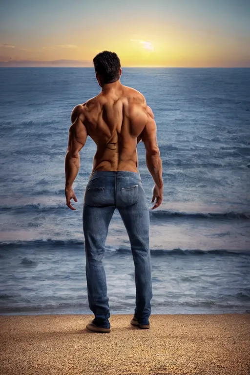 Image similar to a very muscular and defined man wearing ripped pants and shirt looking to the sea at sunset, godrays, complementary colors, natural lighting, portait image, path tracing, serene landscape, high quality, highly detailed, 8K, soft colors, warm colors, turbulent sea, high coherence, anatomically correct, hyperrealistic, concept art, defined face, five fingers