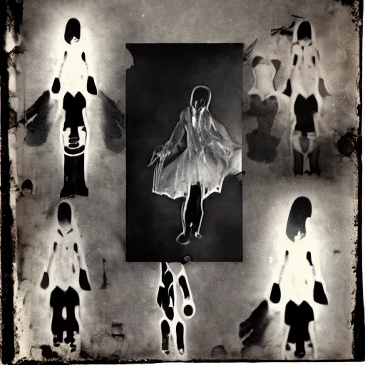 Image similar to a chaotic collage of scanned old photographs swith people, ghostly silhouettes, strange poses, taken with soviet vintage flash camera, dark smudgy ghostly mystic foggy grainy gritty grunge torn paper texture