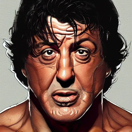 Prompt: a study of cell shaded portrait of Sylvester Stallone 18 concept art, llustration, post grunge, concept art by josan gonzales and wlop, by james jean, Victo ngai, David Rubín, Mike Mignola, Laurie Greasley, highly detailed, sharp focus, alien, Trending on Artstation, HQ, deviantart, art by artgem