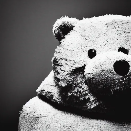 Image similar to Portrait studio photograph of Kanye West & an anthropomorphic teddy bear, close up, shallow depth of field, in the style of Felice Beato, Noir film still, 40mm