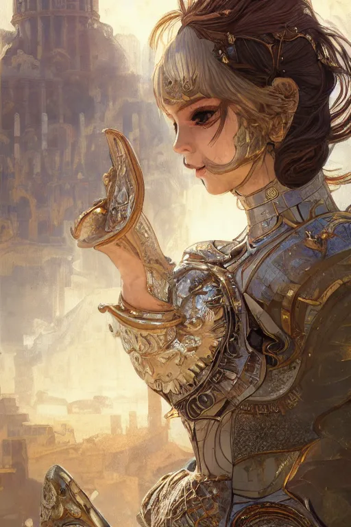 Image similar to portrait knights of Zodiac girl, silver and ice color reflected armor, in ruined Agora of Athens, ssci-fi, fantasy, intricate, very very beautiful, elegant, golden light, highly detailed, digital painting, artstation, concept art, smooth, sharp focus, illustration, art by WLOP and tian zi and alphonse mucha