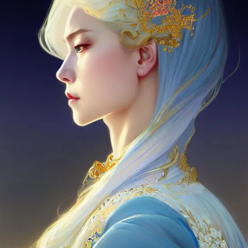 Image similar to elegant Chinese princess, D&D, blue eyes, blonde hair, fantasy, intricate, elegant, highly detailed, digital painting, artstation, concept art, smooth, sharp focus, illustration, art by artgerm and greg rutkowski and alphonse mucha