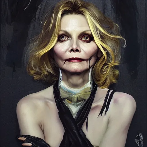 Prompt: michelle pfeiffer is the queen of the undead, portrait painting, medium shot, asymmetrical, profile picture, organic painting, sunny day, matte painting, bold shapes, hard edges, street art, trending on artstation, by huang guangjian, m and gil elvgren and sachin teng