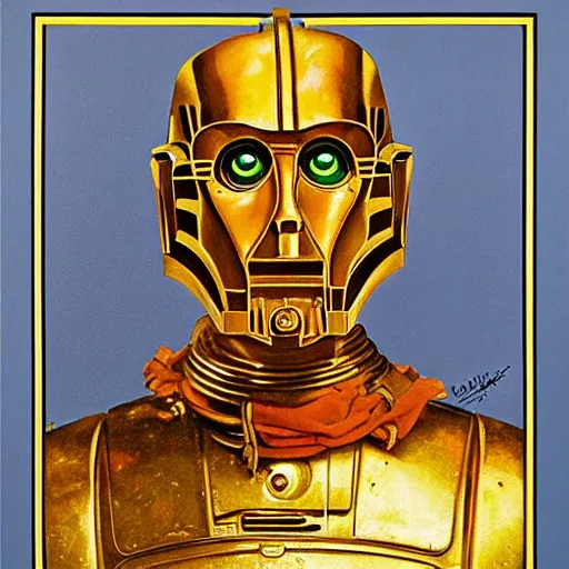 Prompt: a portrait painting of C3P0. Painted by Norman Rockwell