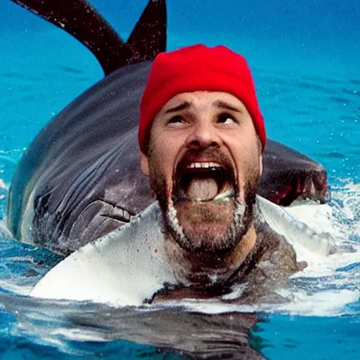 Image similar to steve zissou having a fist fight with a great white shark