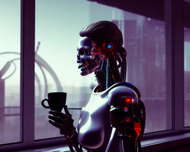 Image similar to terminator mechanical cyborg lady with borg enhancements and optical fibers and human face is drinking coffee near a window with dystopian city visible outside. very detailed 8 k. cyberpunk fantasy style. unreal engine render. global illumination. nanite. rtx. path tracing.