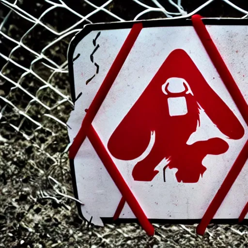 Prompt: a photo of a chain link fence with a sign reading no dogs allowed and a stencil of a dog