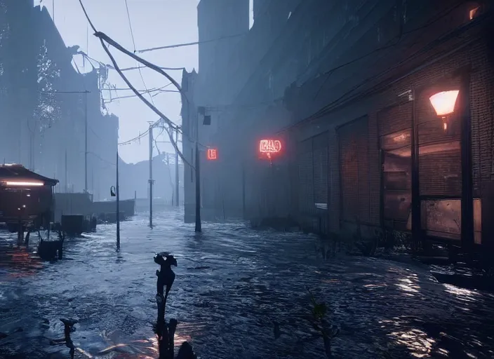 Image similar to dark, misty, foggy, flooded chicago city street, swamp and grunge in destiny 2, liminal creepy, dark, dystopian, abandoned highly detailed 4 k in - game destiny 2 gameplay showcase