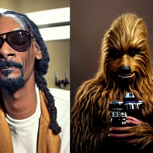 Image similar to snoop dogg as chewbacca and martha stewart as han solo in star wars