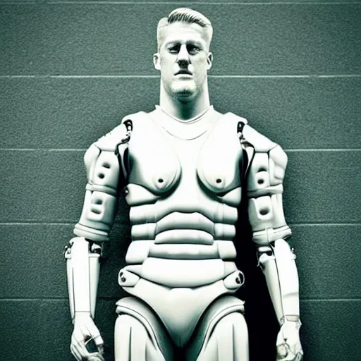 Image similar to “a realistic detailed photo of a guy who is an attractive humanoid who is half robot and half humanoid, who is a male android, football player JJ Watt, shiny skin, posing like a statue, blank stare”