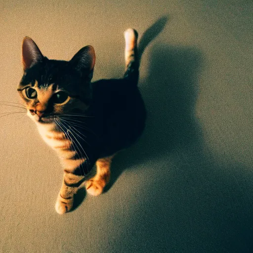 Image similar to cute cat with stumpy tiny legs, view from floor, cinematic lighting