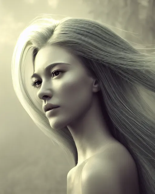 Image similar to a bw photorealistic portrait of a beautiful female translucent bio mechanical vegetal goddess with long silver hair, dreamy, elegant photorealistic, cinematic, octane render,