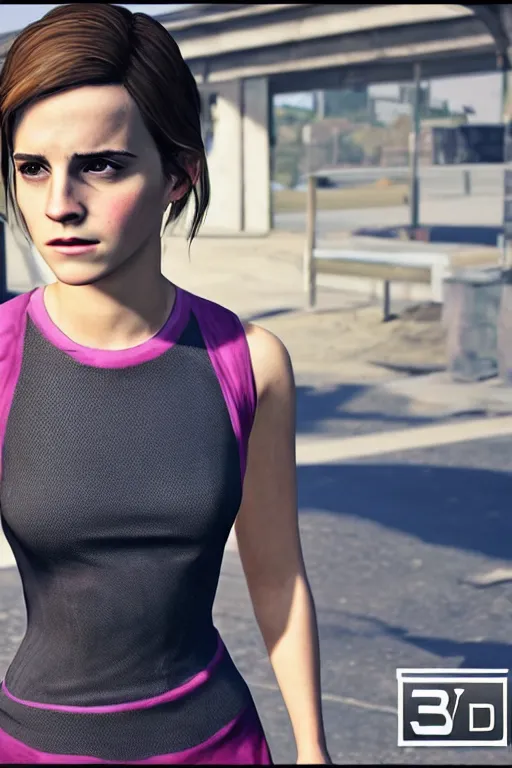 Image similar to Emma Watson as a GTA V NPC, in game capture. 3D Render.