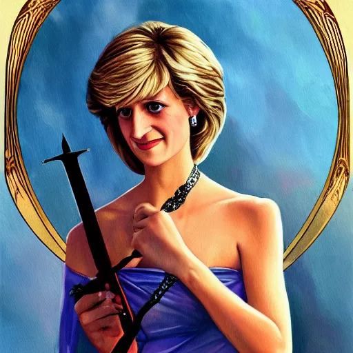 Prompt: a beautiful painting of Princess Diana holding a greatsword above her head, fantasy, art nouveau, golden hour, artstation