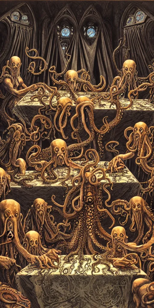 Image similar to group of mages with octopus heads sitting near the table in ancient mage castle with enormous scale, gothic and barocco, brutalist architecture, ultradetailed, Intricate by John Howe and Josan Gonzalez and James Jean and Giuseppe Arcimboldo