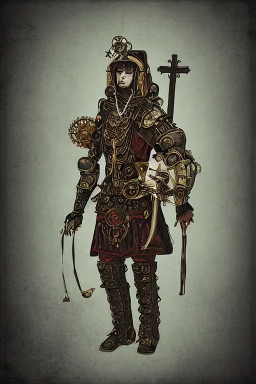 Image similar to beautiful calm bright ai generated fullbody character illustration of a very old timetraveller highpriest in ornated wooden armor and decorated sacred outfit and heavily equipped with steampunk cyberwares. rendered by machine.delusions. inspired by: @machine.delusions on instagram. Slightly reminds to boris valejho style. Fullbody portrait uncut centered cinematic, dramatic pose medieval combined with steampunk