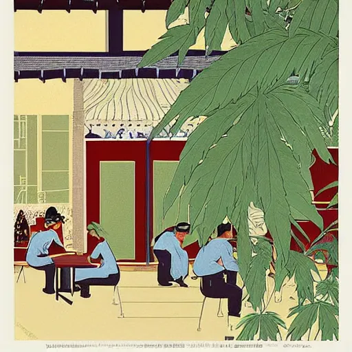 Image similar to taiwanese cafe with cannabis pot plants 🪴 utopia frontage poster by will barnet