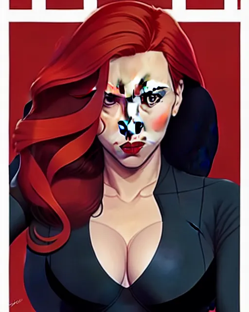 Image similar to phil noto comicbook cover art, pretty scarlett johansson black widow, symmetrical eyes, long red hair, full body, city rooftop