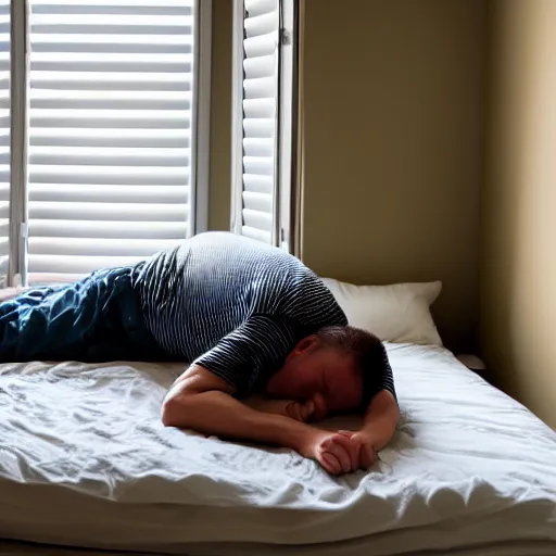 Image similar to guy sleeping on his bed face down shutter letting in sunlight bed is a mess