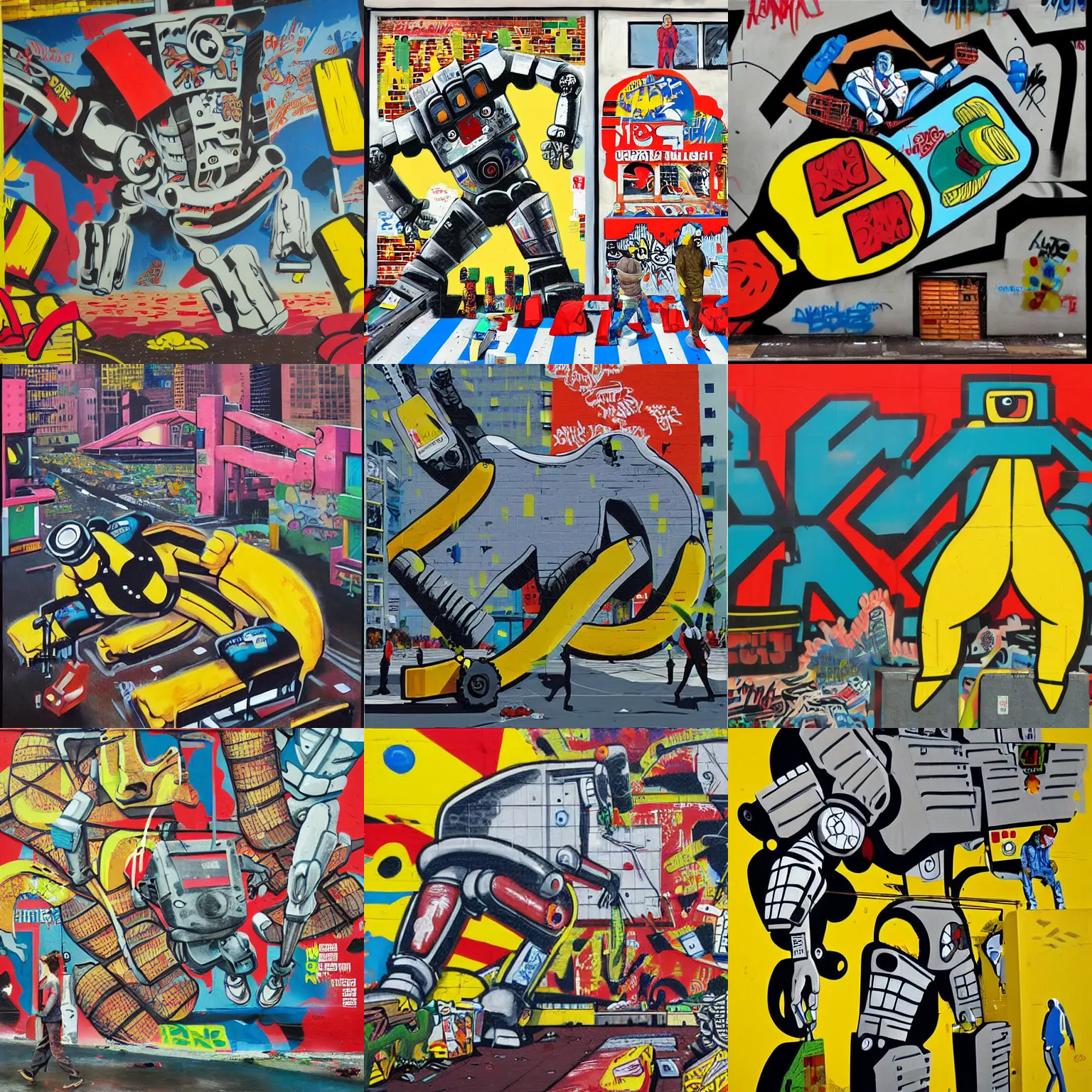Prompt: giant robot slips on a banana, graffiti art, dystopian art, poster art by david wojnarowicz, stuart davis