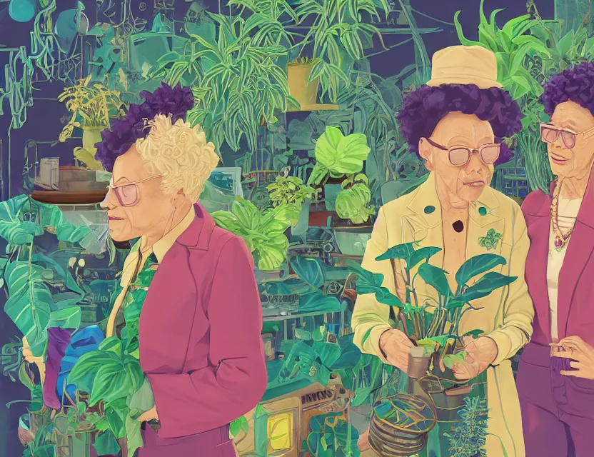 Prompt: elderly lesbian multiracial couple travelling on a steampunk vaporwave train with potted plants. complementary colors, gouache, indie concept art, bloom, chiaroscuro, backlighting, intricate details.