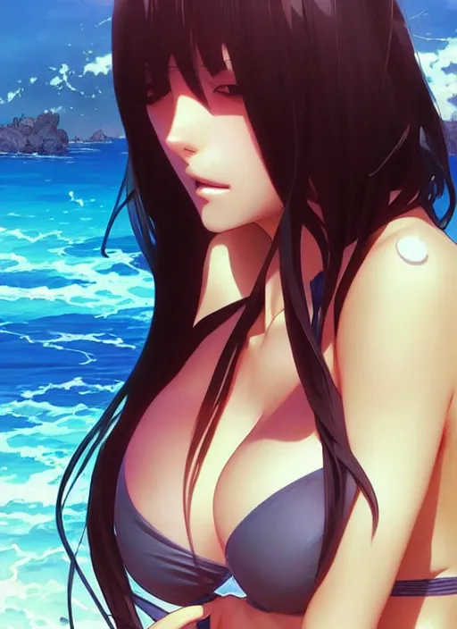 Image similar to “ beautiful anime girl in bikini as a cruel femme fatale intricate, elegant, highly detailed, digital painting, artstation, concept art, movie still, smooth, sharp focus uhd 8 k, art by artgerm and greg rutkowski and alphonse mucha ”