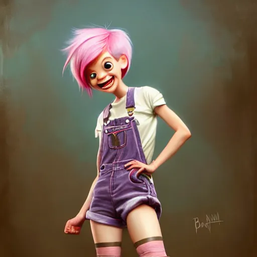 Image similar to full body pose, pixar, beautiful androgynous girl, pink pixie cut hair, smiling, torn overalls, short shorts, combat boots, fishnets, beautiful, highly detailed face, true anatomy!, extremely detailed!, digital painting, unreal engine 5, art by tom bagshaw