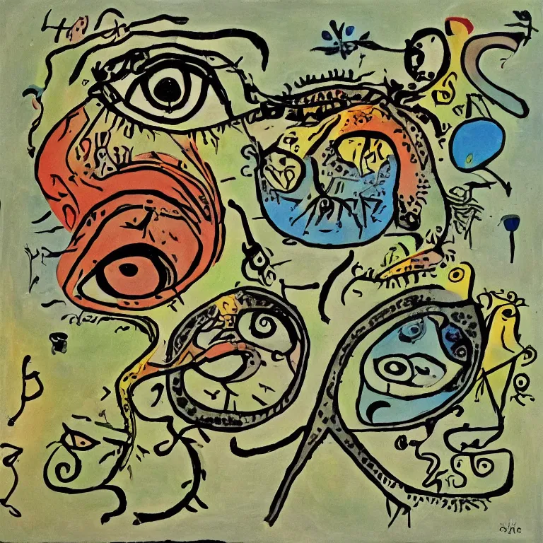 Prompt: The Eden of eye parasites. Painting by Juan Miro