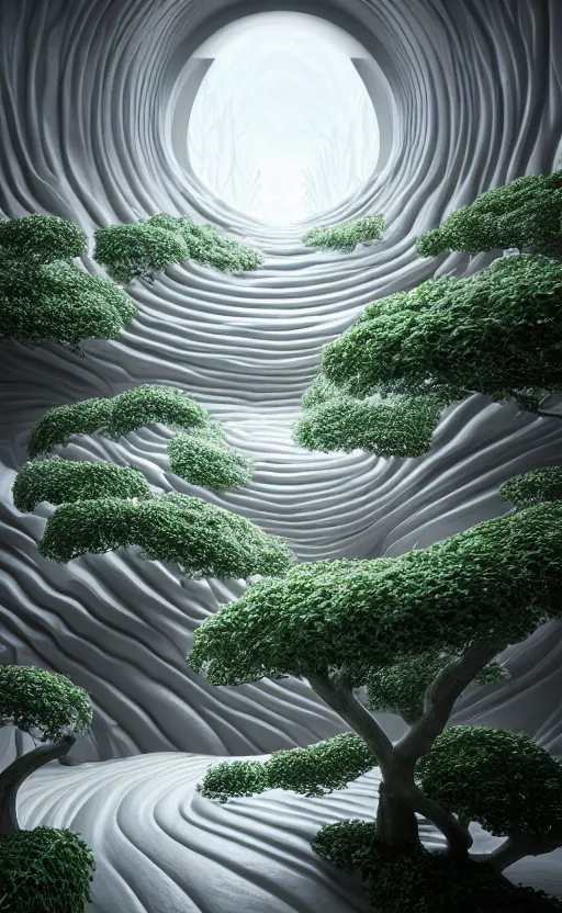 Image similar to highly detailed ultra sharp 3 d render cinematic composition of a smooth white ceramic porcelain magnolia stone white fluid fractal sci - fi surreal architecture landscape, marble, magnesium, silver, foliage, archviz, vincent callebaut composition, mamou - mani, beautiful lighting, 8 k, unreal engine, hdr, dof