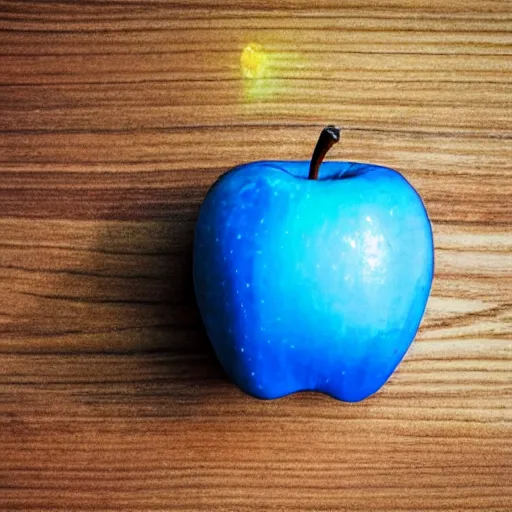 Image similar to professional photo of an apple that is blue, with a glowing gold aura around it, highly detailed, extremely high quality, hd, 4 k, 8 k, professional photographer, 4 0 mp, canon 3 0 0 mm, lifelike, top - rated, award winning, realistic, detailed lighting, detailed shadows, sharp, no blur, edited, corrected, trending