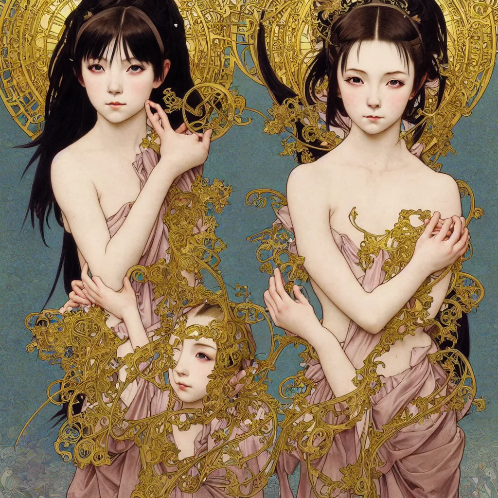 Prompt: takanashi rikka, chuunibyou, realistic detailed painting of a 1 6 - year old girl who resembles millie bobby brown, as an angel with a golden halo wearing intricate, detailed art nouveau armor and silk, by alphonse mucha, ayami kojima amano, charlie bowater, karol bak, greg hildebrandt