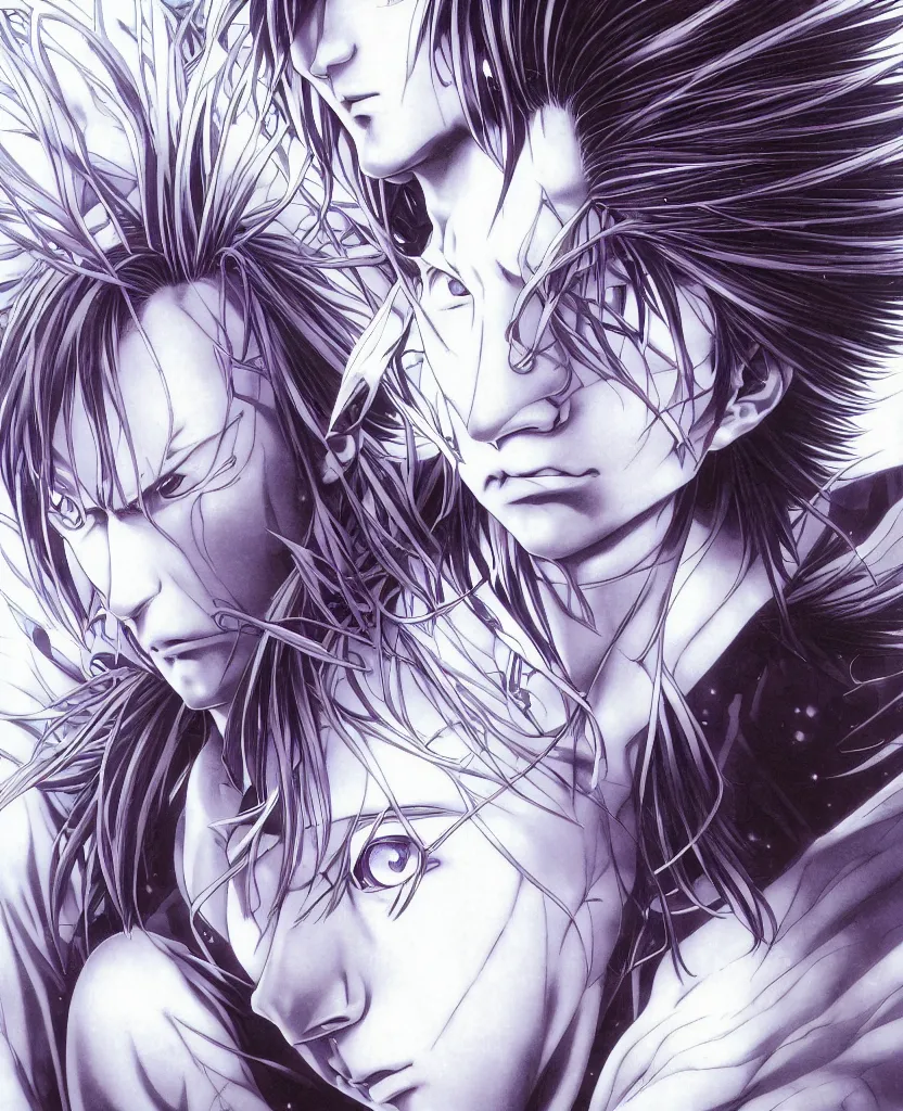 Image similar to symmetrical. realistic detailed image of anime portrait, realistic detailed male character, kaworu nagisa, depth perception, masterpiece, depth of field, action horror, gothic. art by yoshitaka amano, by yukito kishiro, by yoshiyuki sadamoto, by artgerm, by hajime sorayama