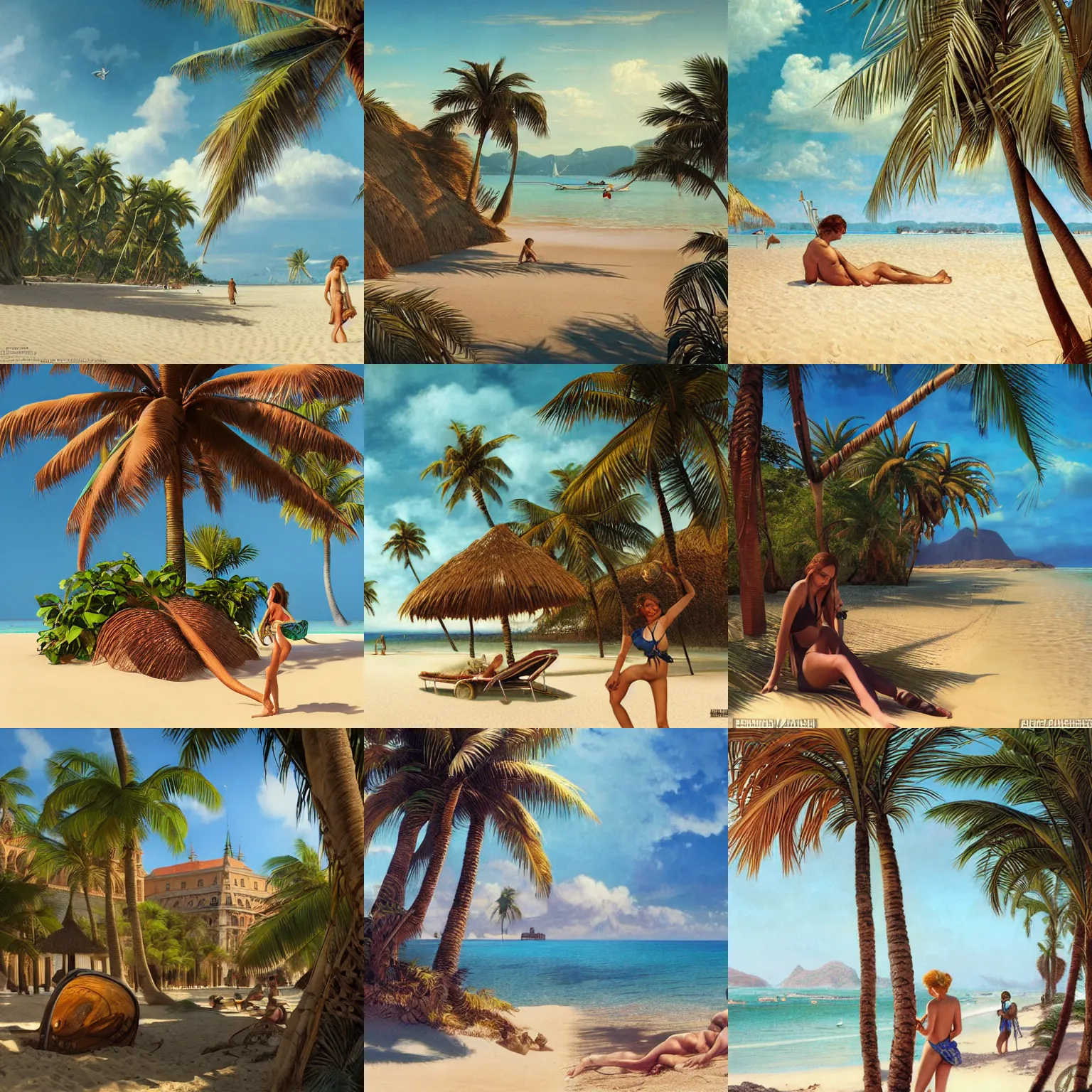 Prompt: budapest with palm trees on a sandy beach of a deserted tropical island, intricate, hyperdetailed, photorealistic, diffuse lighting, hdrp, artstation, unreal 5, smooth, sharp focus, art by john collier, albert aublet, krenz cushart, artem demura, alphonse mucha