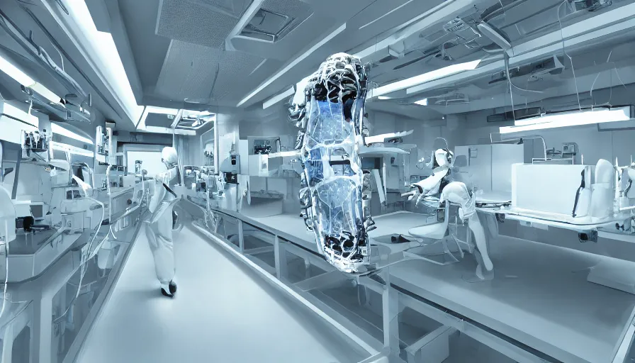 Prompt: ai machines experiment with human surgeries, future, laboratory in the year 2 1 2 1, shiny glossy white machines 8 k /