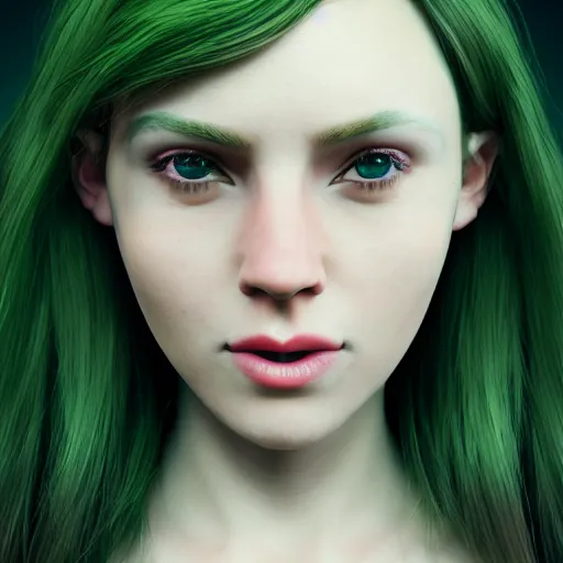 Prompt: girl portrait. red hair, green eyes. intricate artwork. octane render, trending on artstation, very coherent symmetrical artwork. cinematic, hyper realism, high detail, octane render, 8k, matte painting, 3d