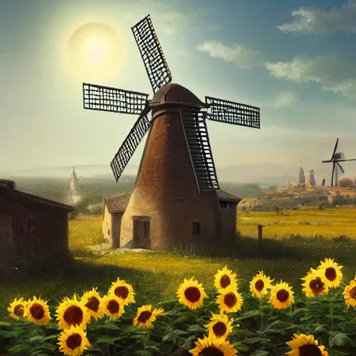 Prompt: a portrait of an sunny town full of sunflowers and villages and an windmill in the middle, Matte painting , detailed painting, made by Greg Rutkowski, 4k resolution, atmospheric, extremely high detail